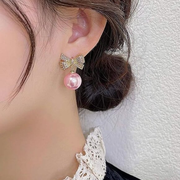 Bow Rhinestone Pearl Earrings - Picture 2 of 5